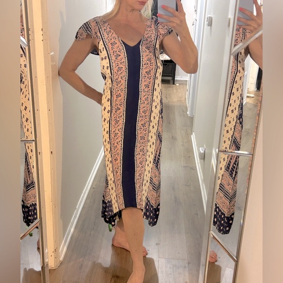 Anthropologie cap sleeve navy blue, pink and white patterned flowy dress - Picture 13 of 13